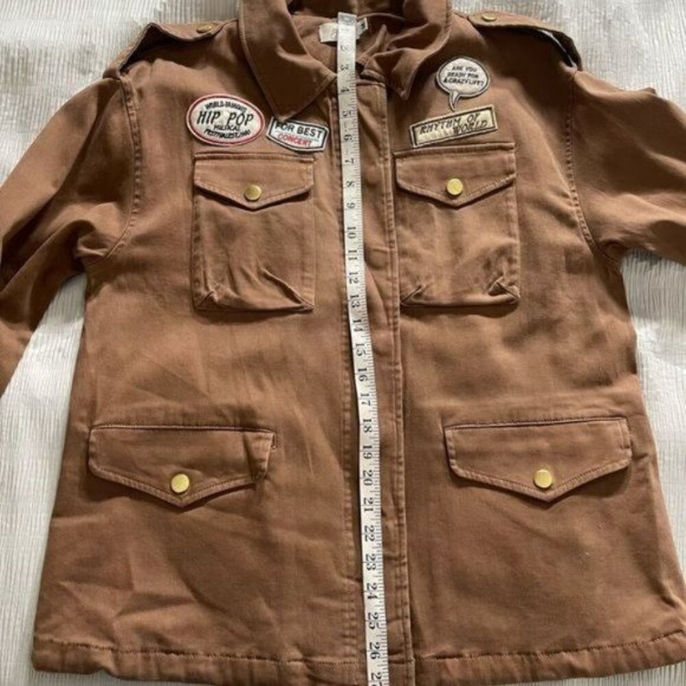 Brown Oversized Jean Jacket with Patches Zipper & Snap Button Closure Size M - Picture 5 of 11